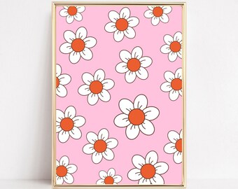 Abstract Flowers Retro Print, Retro Daisy Art Print, 70's Floral Art, 70's Flower Pattern, Pink Orange Art, Digital Art, Colourful Decor