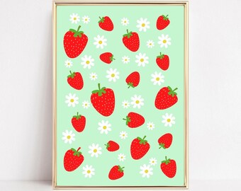 Strawberry Art Print, Strawberry Wall Art, Cottagecore,  PRINTABLE , Mint Green Floral Daisy Print, Kitchen Daisy Botanical Wildflowers,
