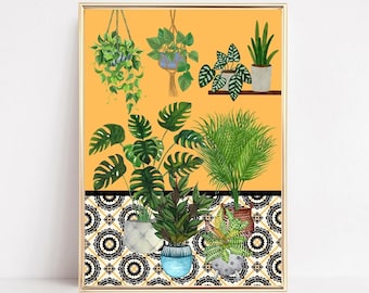 House Plant Botanical Print, Tropical House Plants Wall Art, Plants Geo Tiles Print, Mustard Yellow, Retro Kitchen Office, Jungle Poster