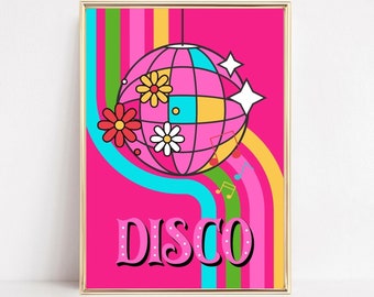 Colorful Retro Disco Print, Pink Disco Poster, Kitchen Disco Wall Art, Disco Ball Printable, Groovy Funky Prints, Retro Floral 70s Decor