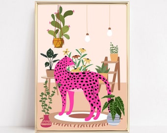 Leopard And Plants Print, Leopard Wall Art, PRINTABLE WALL ART, Boho Print, Leopard Art Print, Botanical Cheetah, Colourful Art Print.