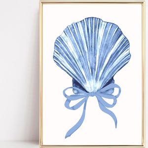 Seashell Wall Art Print Blue Coquette Bow Shell Poster Beachy kustmeisje esthetische vintage schelp decor trendy slaapzaal afdrukbare kunst