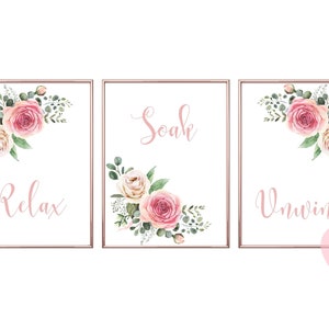 Bathroom Prints, Set Of 3 Prints, Pink Bathroom Decor, Relax Soak Unwind, Bathroom Wall Art, Printables, Flower Print, Wall Decor, Poster
