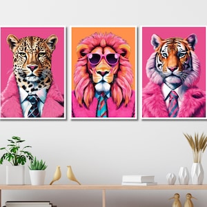 Impresiones artísticas de moda animal, retratos de moda animal, conjunto de 3, póster hipster de animales, arte mural maximalista, leopardo hipster peculiar, tigre
