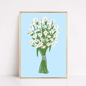 Bunch Of Daisies Flower Art Print, Spring Daisies Wall Art, Blue Abstract Daisy Print, Botanical Daisy Decor, Boho Retro Poster, Printable