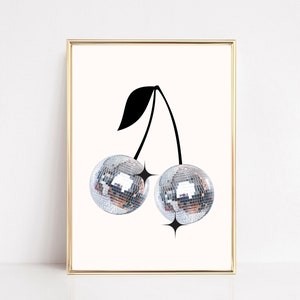 Disco Ball Cherry Art Print Disco Cherry Poster Retro Disco Ball Wall Art Cherry Disco Ball Funky Black Disco Poster Bar Cart Decor Print