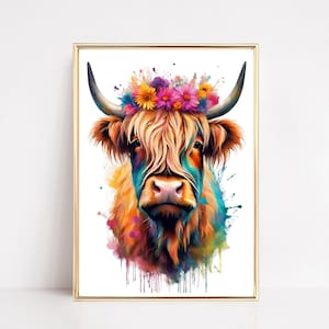 Botanical Watercolor Highland Cow Art Print Floral Highland Cow Modern Wall Art Animal Prints Scottish Cow Poster Fun Colorful Poster Gift
