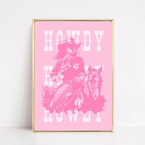 Cowgirl Art Print, Howdy Wall Art, Pink Cowgirl Western Poster, Preppy Pink Room Aesthetic, Western Dorm Room Prints, Cowboy Printable Art