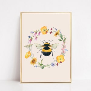 Bumble Bee Art Print,  Botanical Bee Wall Art, Spring Summer Sunflowers Printable, Bee Happy Poster, Wildlife Beehive Art, Cottage Core