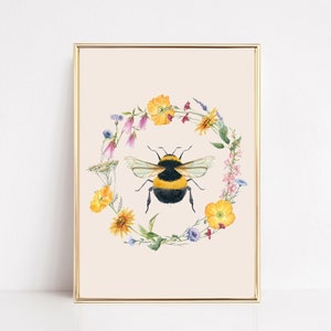 Bumble Bee Art Print, Botanical Bee Wall Art, Spring Summer Sunflowers Printable, Bee Happy Poster, Wildlife Beehive Art, Cottage Core image 1