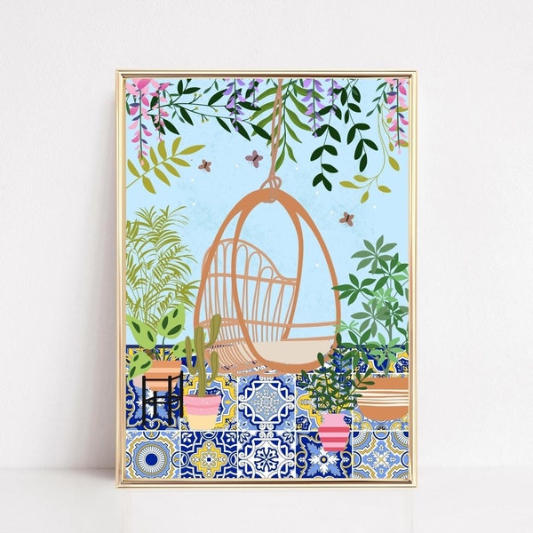 Boho botanische rotan stoel Art Print, rieten stoel en planten, Peacock Garden Patio stoel kunst aan de muur, Griekse tegel keuken decor, eclectische kunst