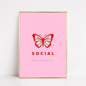 Impresión de mariposa roja, arte de pared de mariposa, impresión de pared rosa roja, impresiones digitales, rojo neón, póster retro rosa para cocina y sala de estar, pared de galería