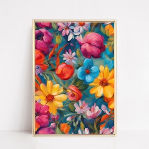Colorful Flowers Maximalist Wall Art, Vibrant Floral Art Print, Eclectic Poster, Colorful Bright Abstract Printable, Living Room Digital Art