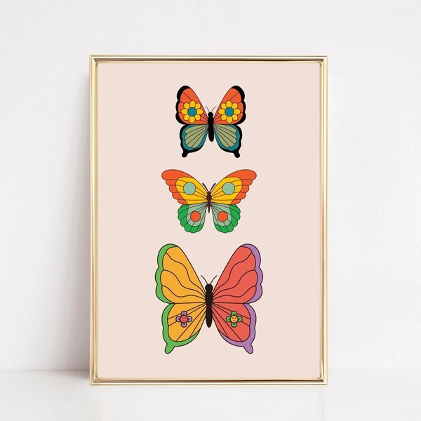 Butterfly Art Print, Retro Butterfly Wall Art, Boho Butterflies Printable, 70s Colorful Poster, Retro Aesthetic, Funky Groovy Wall Print