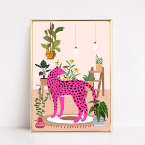 Leopard And Plants Print, Leopard Wall Art, PRINTABLE WALL ART, Boho Print, Leopard Art Print, Botanical Cheetah, Colourful Art Print.