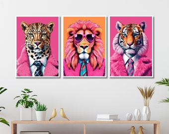 Funky Animal Fashion Art Prints Animal Fashion Portraits Set Of 3 Animal Hipster Poster Maximalist Wall Art Quirky Hipster Leopard Tiger