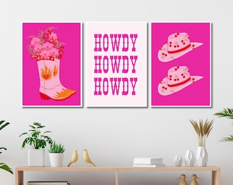 Set Of 3 Pink Western Art Prints Pink Disco Cowgirl Wall Art Howdy Print Preppy Cowgirl Boots Hats Wall Decor Printable Dorm Room Aesthetic