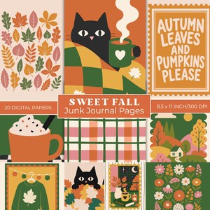 Op de afbeelding: Een verzameling van 20 digitale junk journal pagina's genaamd Sweet Fall, met illustraties van herfstbladeren, een zwarte kat met een groene mok, een huis in een landschap, een trui met een blad en bloemen, van 8,5 bij 11 inch.