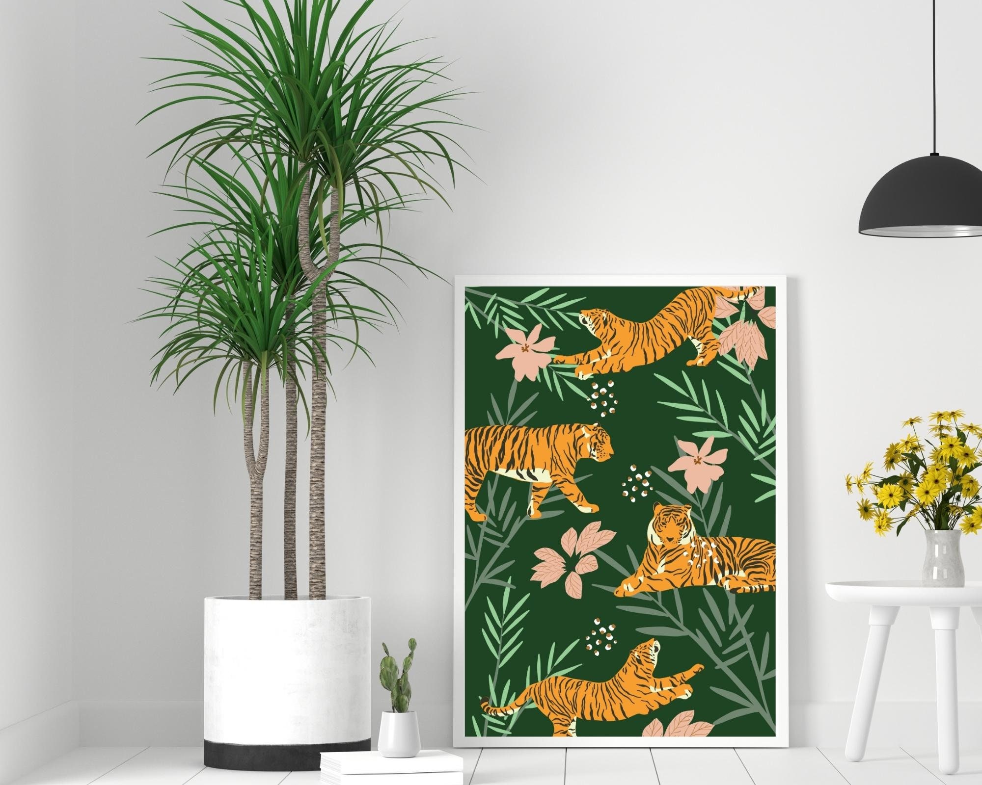 Jungle Tiger Art Print, Animal Wall Art, Tropical Tiger Illustration ...
