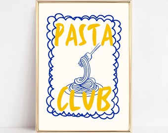 Pasta Club Kitchen Print Pasta Wall Art Blue Kitchen Prints Pasta Art Spaghetti Print Retro Food Poster Pasta Lover Gift Digital Download