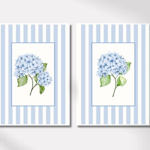 Blue Hydrangea Wall Art Set Of 2 Watercolor Botanical Art Print Coastal Cottagecore Decor Vintage Floral Prints Striped Grandmillenial Art