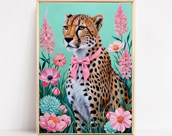 Cheetah With Pink Bow Art Print Modern Cheetah Wall Art Colorful Animal Poster Boho Print Maximalist Cheetah Decor Printable Girlie Art