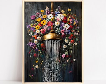 Botanical Bathroom Shower Art Print Floral Bathroom Wall Art Dark Green Prints Moody Cottagecore Decor Wildflowers Bathroom Wc Painting