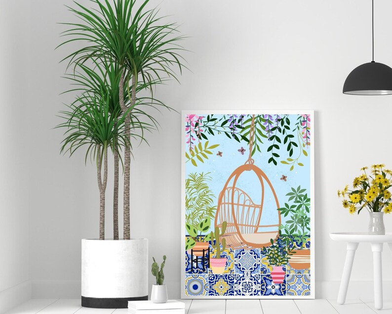 Boho Botanical Rattan Chair Art Print, Wicker Chair And Plants, Peacock Garden Patio Chair Wall Art, Greek Tile Kitchen Decor, Eclectic Art image 4