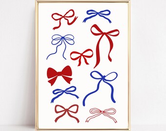 4th Of July Wall Art Red White And Blue Bow Print 4th July Printable Art Fourth July Decor Coquette Bow Girly Prints American Flag Poster