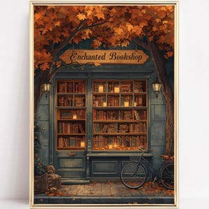 Boekwinkel Wall Art Print vintage boekhandel afdrukbare kunst betoverde herfst boekwinkel digitale download gezellige herfstdecor boek lezen poster
