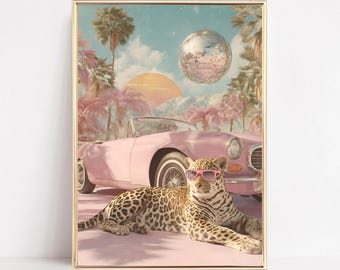 Arte mural retro de leopardo, póster de leopardo de moda Y2K, decoración estilo preppy glamuroso, estampado de leopardo rosa, arte imprimible de verano, estética para dormitorio universitario