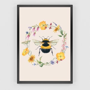 Bumble Bee Art Print, Botanical Bee Wall Art, Spring Summer Sunflowers Printable, Bee Happy Poster, Wildlife Beehive Art, Cottage Core image 4