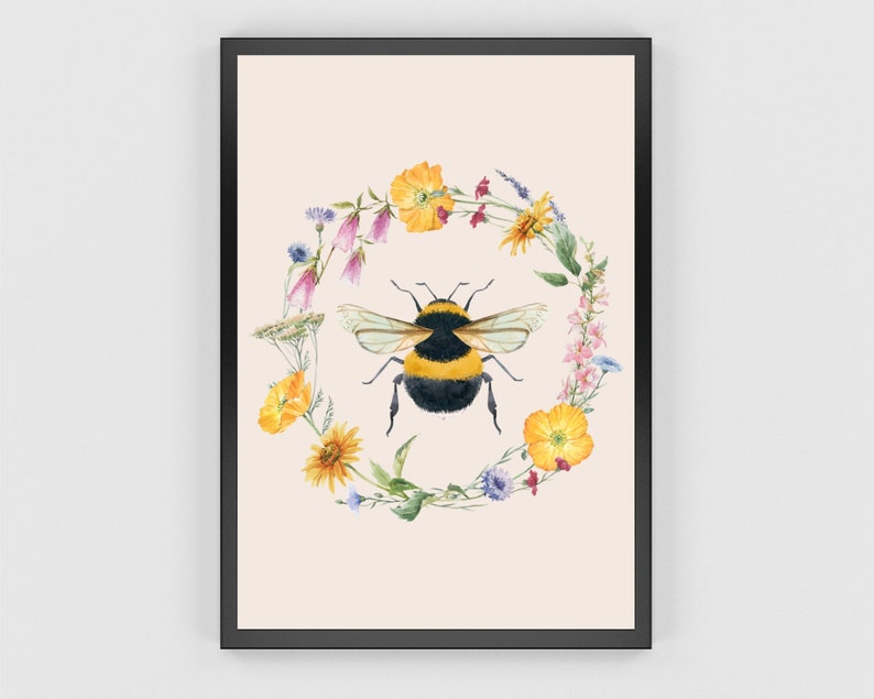 Bumble Bee Art Print, Botanical Bee Wall Art, Spring Summer Sunflowers Printable, Bee Happy Poster, Wildlife Beehive Art, Cottage Core image 4