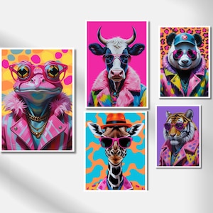 Colorful Animal Gallery Wall Set Maximalist Funky Prints Quirky Eclectic Animal Fashion Portraits Preppy Poster Set Pop Art Animal Posters