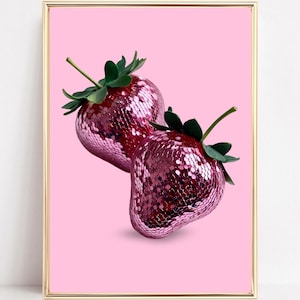 Disco Strawberries Wall Art Print Glam Disco Ball Strawberry Print Disco Fruit Poster Disco Kitchen Art Glitter Strawberries Printable Art