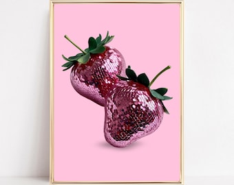 Disco Truskawki Ścienna Sztuka Wydruk Glam Disco Ball Truskawka Wydruk Disco Owoce Plakat Disco Kuchnia Sztuka Brokat Truskawki Wydruk Sztuka