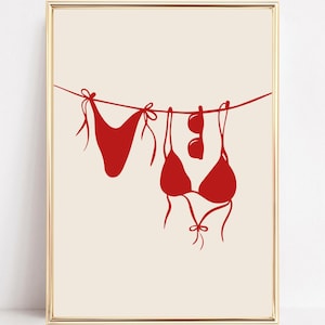 Summer Bikini Wall Art Bikini On A Clothesline Print Bikini Hanging Poster Coastal Beachy Dorm Decor Printable Girly Preppy Aesthetic