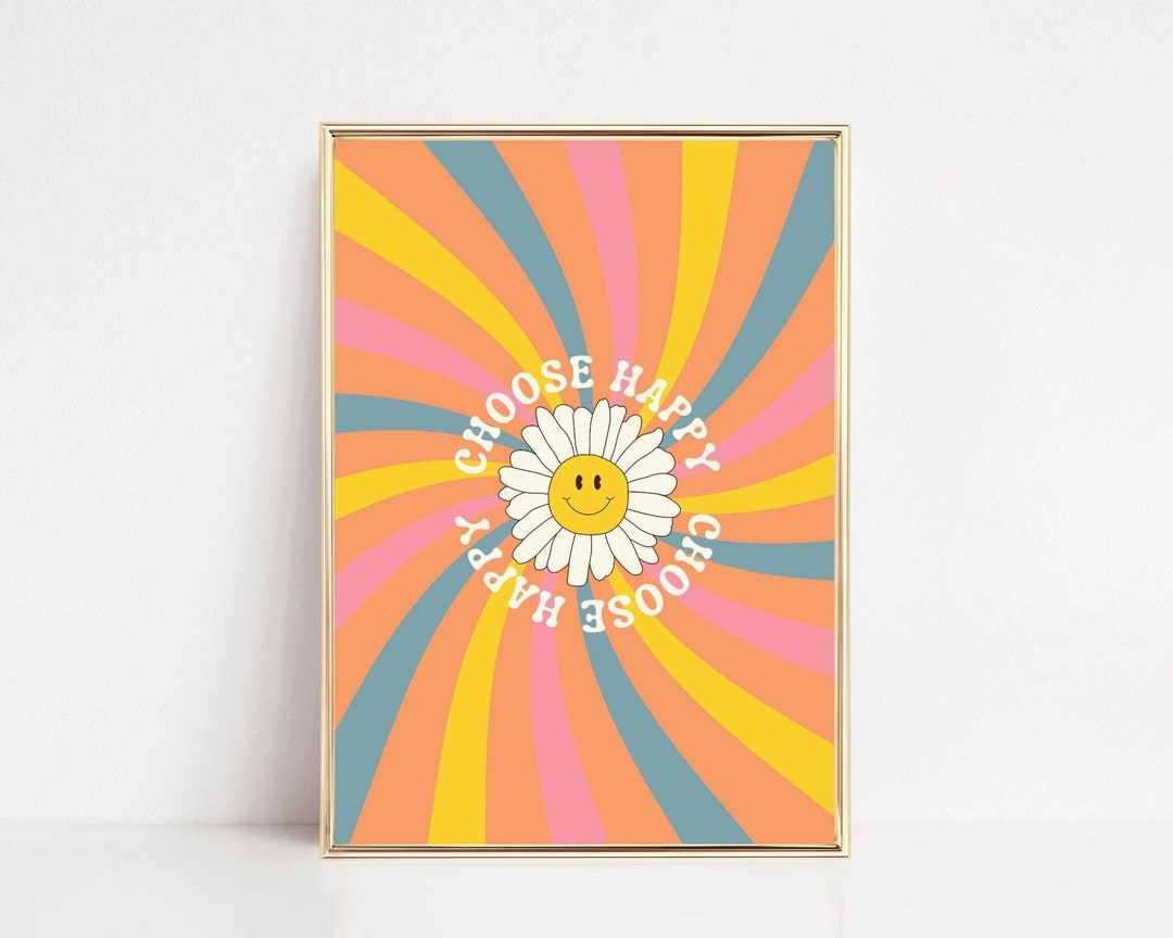 Choose Happy Art Print, Retro Smiley Face Wall Art, PRINTABLE, Happy