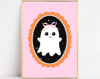 Cute Ghost Art Print Pink Bow Ghost Printable Pink Halloween Wall Art Girly Coqutte Art Kids Halloween Prints Preppy Girls Room Aesthetic