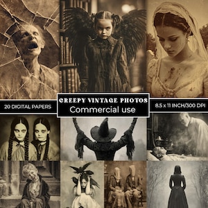 May include: A collection of 20 digital papers featuring creepy vintage photos in sepia tones. The images include a person behind cracked glass, a winged figure, a bride, twins, a witch, a ghost, a child, a person with birds, and figures.