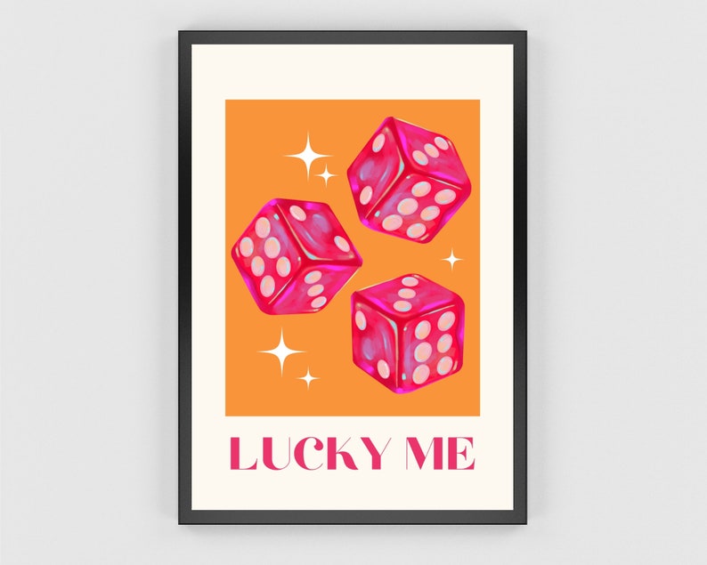 Lucky Me Wall Art Print, Lucky You Decor, Pink Red Dice, College Apartment Aesthetic, Lucky Girl Syndrome, Trendy Retro Art, Printable Art image 3