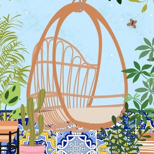 Boho Botanical Rattan Chair Art Print, Wicker Chair And Plants, Peacock Garden Patio Chair Wall Art, Greek Tile Kitchen Decor, Eclectic Art image 2