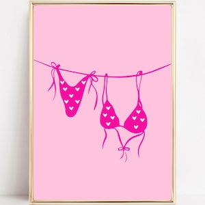Summer Pink Bikini Art Print Bikini On Clothesline Digital Art Pink Bikini Poster Coastal Cowgirl Print Beach Room Decor Girly Preppy Prints