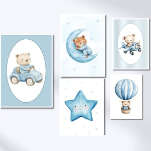 Blauer Teddybär Jungen-Kinderzimmer-Dekor-Baby-Dusche-Geschenk Kinderzimmer-Galerie Wall Prints Jungen-Auto- Jungen-Schlafzimmer-Dekor druckbar