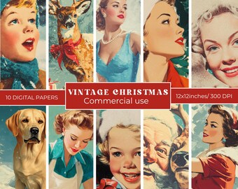 Papeles digitales navideños vintage de los años 50, tarjetas de felicitación festivas retro, fondos navideños kitsch vintage, papeles para diarios navideños (JPG)