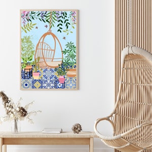 Boho Botanical Rattan Chair Art Print, Wicker Chair And Plants, Peacock Garden Patio Chair Wall Art, Greek Tile Kitchen Decor, Eclectic Art image 5