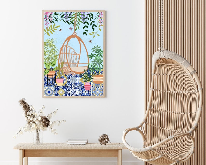 Boho Botanical Rattan Chair Art Print, Wicker Chair And Plants, Peacock Garden Patio Chair Wall Art, Greek Tile Kitchen Decor, Eclectic Art image 5