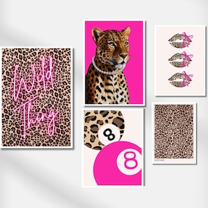Pink Leopard Print Wall Art Set Leopard 8 Ball Lucky Art Prints Cheetah Bedroom Retro Gallery Wall  Digital Download Cute Dorm Room Decor