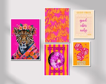 Pink and Orange Preppy Wall Art Set Trendy Dopamine Art Print Set Of 5 Pink And Orane Prints Funky Wall Art Posters Pink Gallery Wall Set