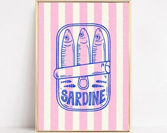 Sardines Wall Art Print Colorful Kitchen Printable Art Sardines Poster Pink and Blue Coastal Kitchen Aesthetic Eclectic Food Art Print